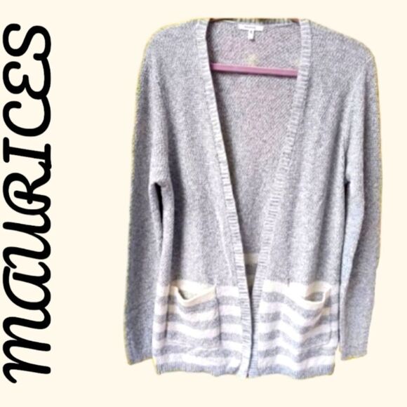 MAURICES Gray & Cream Striped Cardigan. - Picture 1 of 11